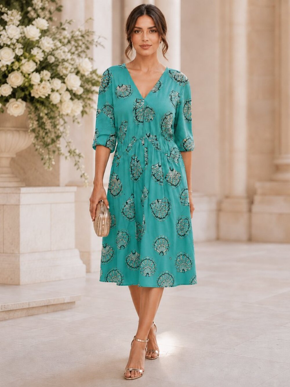 TUCKER elegant silk maxi dress fan print